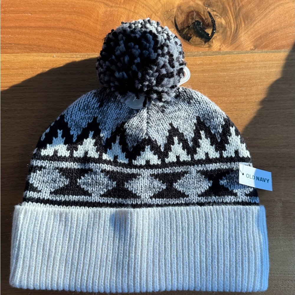 Old Navy Black and Gray Pom-Pom Beanie